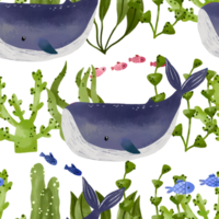 Hand drawn seamless pattern with cartoon blue whale, deep water. Ocean bottom. Oceania and sea flora and fauna. Baby design. Nature png