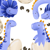 Cartoon baby long neck Blue dinosaurs square template for baby shower. Dino hand drawn watercolor illustration on isolated background png