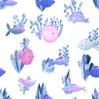 Sea and ocean funny fish, blue algae hand drawn seamless pattern. Oceania fauna. Cartoon print, background. Simple design png