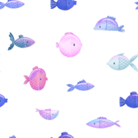 Sea and ocean funny fish hand drawn seamless pattern. Oceania fauna. Cartoon print, background. Simple design png