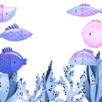 Template with oceania algae, seaweed and fishes.. Marine poster Sea bottom fauna and flora. Under the sea card. Baby holiday png