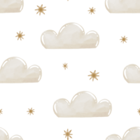 Cute baby Seamless pattern with sky clouds and stars. Watercolor background. Kids design, wallart, paper png