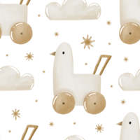 Baby wooden toys, duck toy for newborn seamless pattern. Watercolor background png