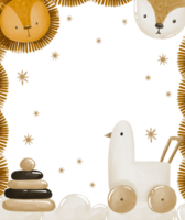 Vertical Baby greeting card with cute duck, goose toy, lion, fox and wooden pyramid. Hand drawn watercolor baby shower design png