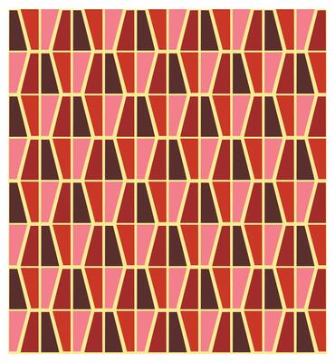A geometric pattern of hexagons in shades of red, pink, and brown, outlined in a light yellow, creating a vibrant, appealing surface design.