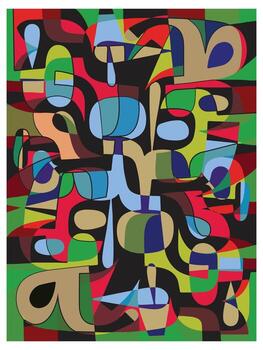 Abstract seamless pattern of geometric composition with overlapping shapes in red, blue, green, and tan against a black background surface design. vector