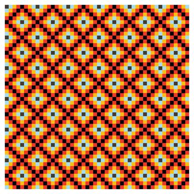 Colorful seamless geometric pattern of interlocking diamonds in shades of black, red, yellow, and light blue, creating a vibrant textile surface design