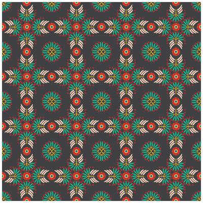 Floral pattern with red flowers, green leaves, and geometric shapes on a dark gray background.