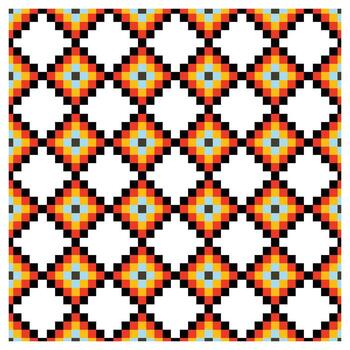 un vibrante, pixelado modelo de naranja y azul diamante formas en un blanco fondo, arreglado en un repitiendo red. vector