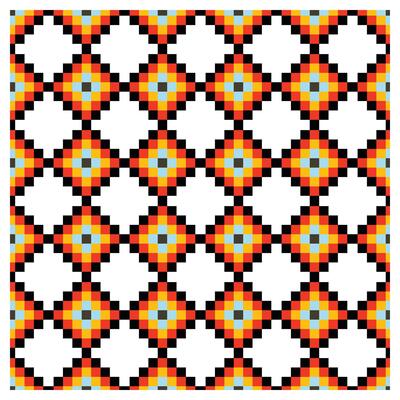 A vibrant, pixelated pattern of orange and blue diamond shapes on a white background, arranged in a repeating grid.