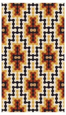 The image features a geometrically complex seamless pattern, dominated by a warm color palette of earth tones. The primary colors are a muted beige, a golden yellow, a rich rust, and a deep charcoal