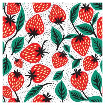 A vibrant pattern featuring red strawberries with green leaves on a white background, illustrated in a playful style, seamless surface design with hand drawn dotted texture. vector