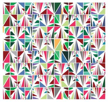 un vibrante repetir geométrico modelo con vistoso triangulos y formas arreglado en un cuadrícula formato, presentando negrita rojos, verduras, blues, y amarillos en blanco antecedentes. vector