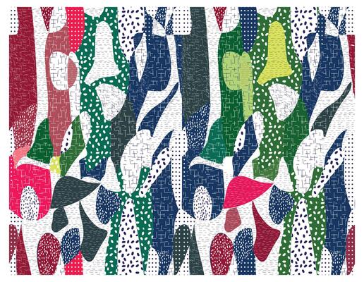 Abstract pattern with colorful shapes dots, lines, grids, and textured falls on a white background.
