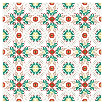Floral repeat pattern Red flower motif, ornament, green leaves, and dots, colorful floral and geometric pattern on white background.