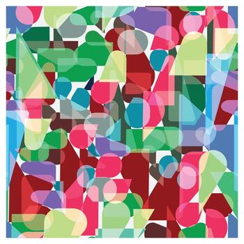 A vibrant repeat abstract geometric pattern of overlapping colorful shapes circles, squares, triangles a white background, surface design. vector