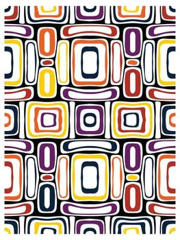 A vibrant geometric pattern featuring stacked rectangular shapes in orange, yellow, purple, and navy against a black background. vector