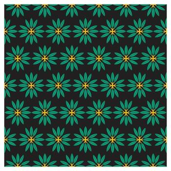 Seamless pattern of green and yellow flowers against a black background, arranged in a rhythmic, alternating design. vector