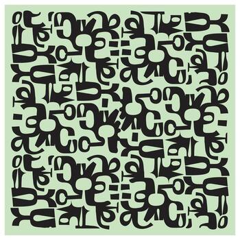 An abstract seamless design featuring intricate, interlocking black shapes on a light mint green background, creating a rhythmic pattern. vector