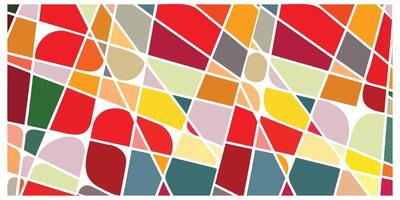 Abstract geometric design featuring a vibrant mosaic of red, yellow, green, and orange shapes interspersed with shades of pink and gray, with colorful shapes separated by white lines. vector