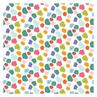A colorful seamless playful pattern of hexagonal and floral shapes in vibrant pink, green, blue, and orange against a white background surface design, vector