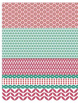 A pattern alternating rows of red and green floral designs, geometric shapes, and scalloped edges vector