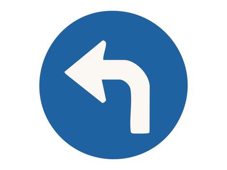 Mandatory road sign with white arrow pointing left inside blue circle isolated on white background, graphic illustration. Concept of traffic direction, turn left only, road navigation rule vector