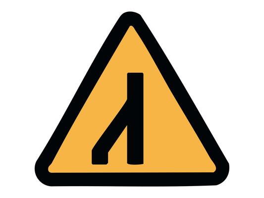 Warning road sign with black merging traffic symbol in yellow triangle isolated on white background, graphic illustration. Concept of road merge, traffic junction, lane reduction alert