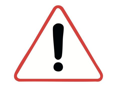 Warning road sign with black exclamation mark in red triangle isolated on white background, graphic illustration. Concept of general caution, road safety alert, attention signal, design element vector