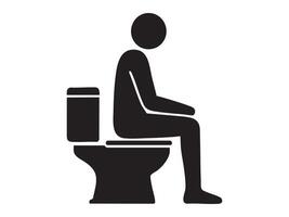 Black silhouette of seated man on toilet, isolated on white background, graphic illustration. concept of restroom, bathroom icon, hygiene, human figure, design element. vector