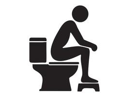 Black silhouette of person sitting on toilet with footstool, isolated on white background, graphic illustration. concept of restroom humor, bathroom decor, icon, logo, design element vector