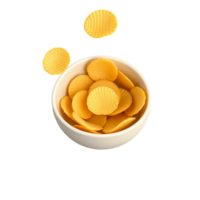 Golden Ridged Potato Chips Floating Above White Bowl Isolated on Transparent Background png