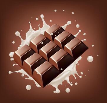Chocolate bar rotates in splashes of milk on background Isolated vector