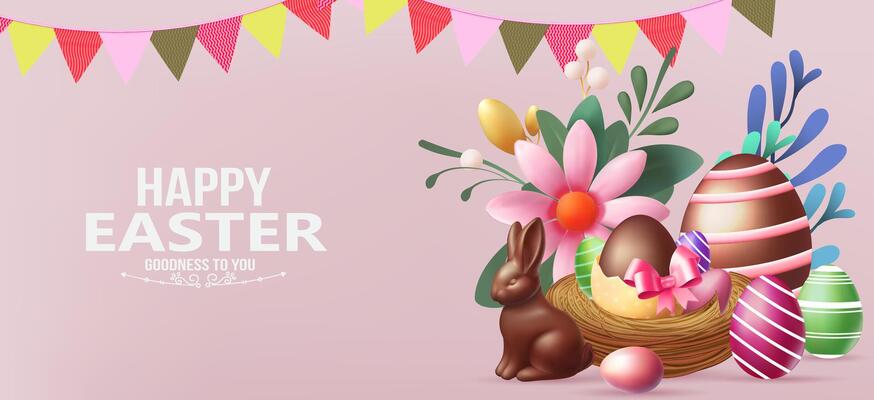 Easter poster and banner template with Easter eggs in the nest on background.Greetings and presents for Easter Day in flat lay styling.Promotion and shopping template for banner, web poster,