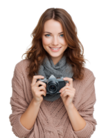 Happy Woman Holding Camera for Photography Day Isolated on Transparent Background png