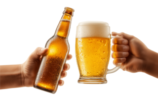 Two hand Holding Beer Bottle and Beer Mug Cheers Toast Isolated on Transparent Background png