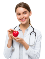 Happy Female Doctor Holding Toy Heart Isolated on Transparent Background png