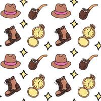 Seamless pattern of detective hat, boots, pipe, and pocket watch in cartoon style. vector