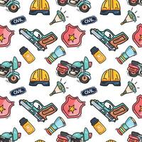 pattern of civil equipment including helmets, guns, scooters, flashlights, and badges. vector