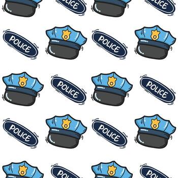 Seamless pattern of cartoon police hats and badges with fun doodle-style design. vector