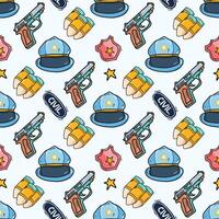 Seamless pattern of police gear in doodle style including gun, badge, bullets, and hat. vector