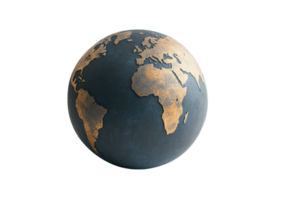 Earth globe illustration with thin line continents in artistic minimal gold outline style isolated on a transparent background png