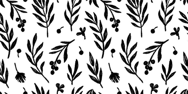 Floral leaf seamless black pattern background. Hand drawn crayon texture paint tree leaf seamless brush pattern. Black, white texture leaves floral print.