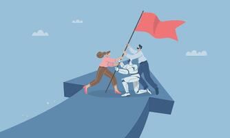 Teamwork with robot holding a flag vector