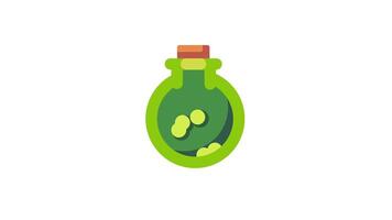 A single green magical potion bottle with bubbles inside, displayed against a clean white background in cartoon flat design style video