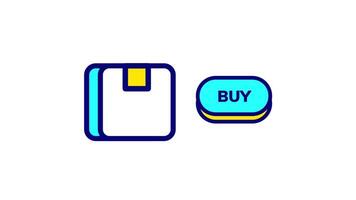 Packaging icon next to a blue 'Buy' button, merging technology with modern e-commerce in minimalist illustration video