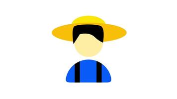Graphic of a man in a straw hat with a blue shirt, representing a male farmer figure shown in flat illustration style video