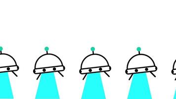 Three identical UFOs emitting bright blue beams downward, suggesting coordinated alien activity in a fun and futuristic flat design video