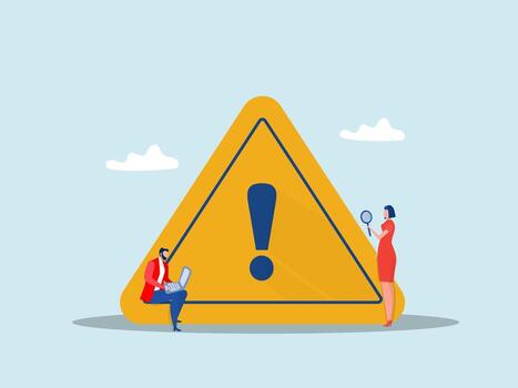 business people with magnifier monitor and investigate incident with exclamation attention sign.root cause analysis or solving problem, identify risk or critical failure concept, vector