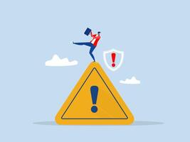 cautious businessman slip falling on exclamation symbol beware, careful caution sign. risk or problem warning vector
